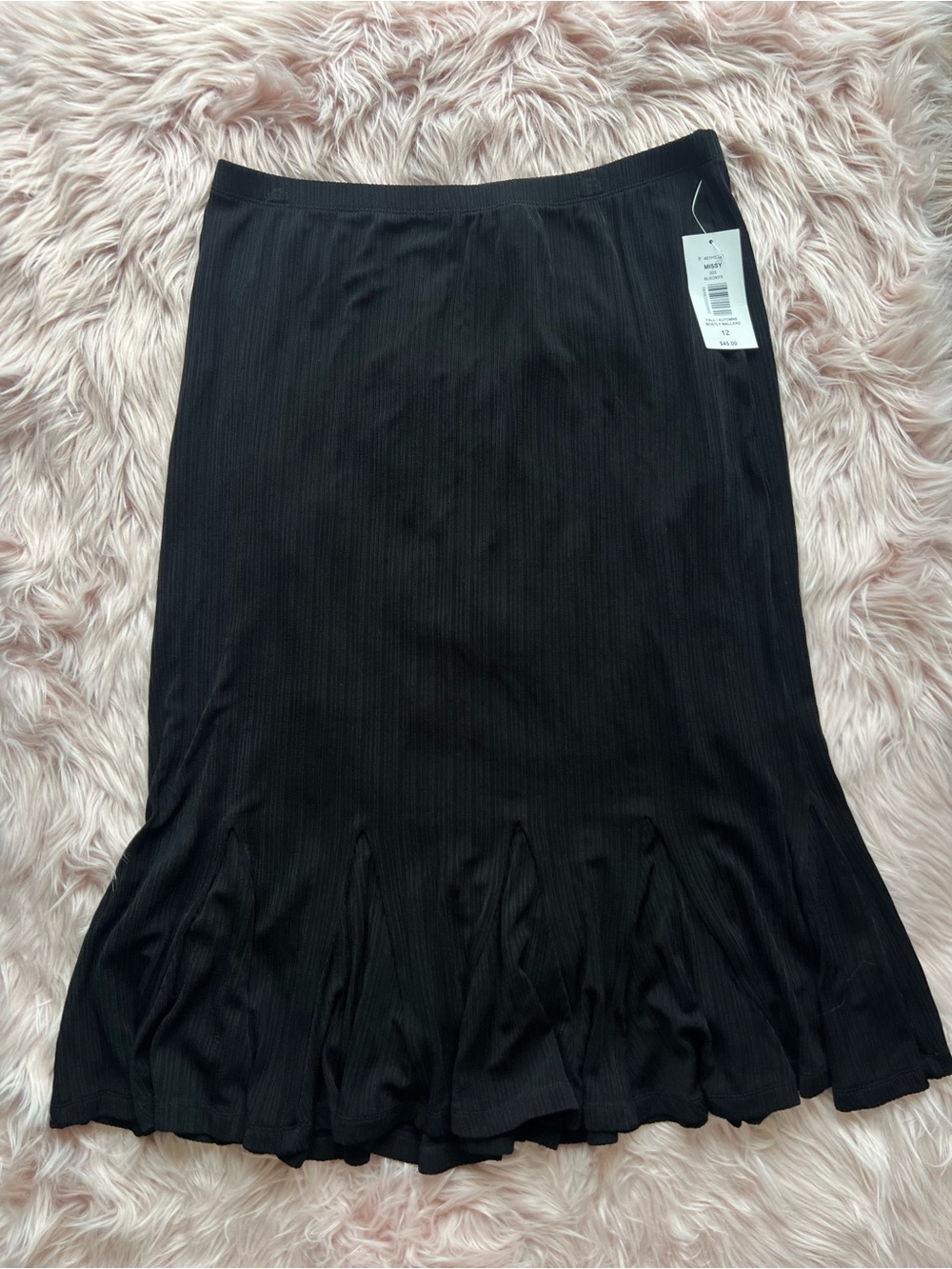 TanJay Black Ribbed Flared Midi Skirt 12 Deadstock